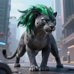 grey anthropomorph panther with green and black hair in cyberpunk city, artstation, hyperrealistic