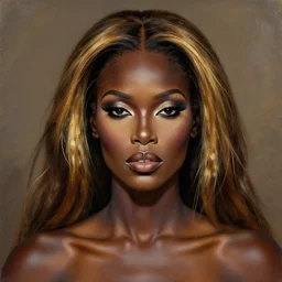 a professionally painted african female model , grace jones, clothed in ancient, dark skin, dark gold hair, beautiful bone structure, symmetrical facial features, stunningly beautiful, intricate, elegant, digital painting, smooth, sharp focus, illustration, made by Kehinde Wiley and Kara Walker