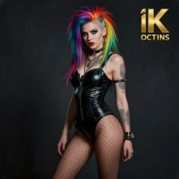 full body pose, hyperrealistic mixed media painting of a beautiful punk woman, rainbow hair, fishnets, dim volumetric lighting, 8 k, octane beautifully detailed render, extremely hyper detailed, intricate, epic composition, cinematic lighting, masterpiece, trending on artstation, very very detailed, masterpiece, stunning, hdr, smooth, sharp focus, high resolution, award, winning photo, dslr, 5 0 mm