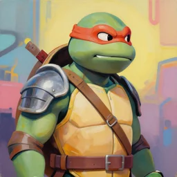 greg manchess portrait painting of armored leonardo of tmnt as overwatch character, medium shot, asymmetrical, profile picture, organic painting, sunny day, matte painting, bold shapes, hard edges, street art, trending on artstation, by huang guangjian and gil elvgren and sachin teng