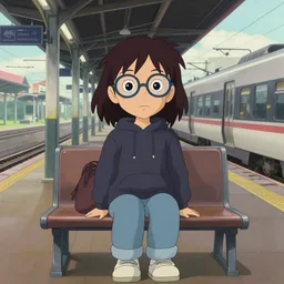 cartoon woman, dark hair, glasses, wearing jeans and a hoodie, emo, waiting at a train station in the style of a ghibli movie