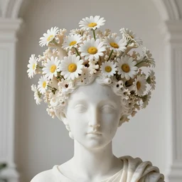 biomechanical coral headdress, daisies, well contoured smooth fair walls with marble statue, up close shot, sharp focus, global illumination, radiant light, alexandre ferra white mecha, irakli nadar, octane highly render, 4 k, ultra hd,