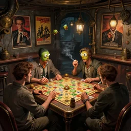 kiwi birds in the interior of a steampunk pub, Greg Rutkowski, Milo Manara, night time, smoking cigarettes, playing board games, highly detailed, Quentin Tarantino movie posters, pulp fiction, level design, concept art, artstation, cgsociety, zenith view