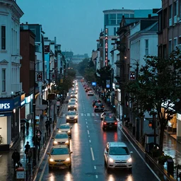 a high resolution photo of a busy street on a rainy evening 8K