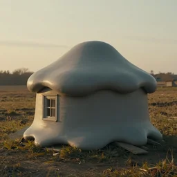 a melted, limp, smooth grey traditional ukrainian house hut in a rural landscape in style by anish kapoor, in the parts by shih chieh huang, golden hour, film still from the movie directed by denis villeneuve with art direction by zdzisław beksinski, close up, telephoto lens