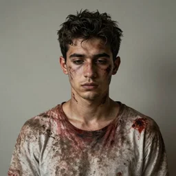matte portrait of a depressed young man covered in dirt and blood, by Antony Micallef by Ashley Wood