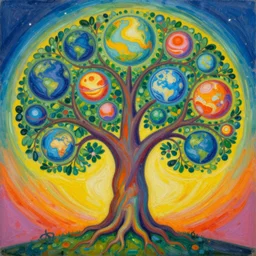 colorful oil painting of the tree of life growing planets from its branches