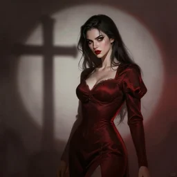 shameless woman with impudent facial expression in  shadow of church cross, elegant, dark and mysterious, atmospheric, red, trending on artstation, highly detailed, digital painting, volumetric light, concept art, illustration, rule 34
