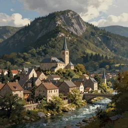 digital painting of a picturesque small medieval town on a sunny day with stone buildings nestled at the foot of a tall mountain by a river with a bridge crossing into a dark forest.