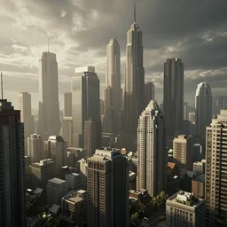 immaculate wide shot ambient occlusion of an retrofuturistic muted cityscape backdrop, cycles render, turbosquid, wide, metropolis filmic