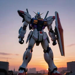 one mecha facing the sunset seen from the back, low angle shot, futuristic, neon lights, cinematic