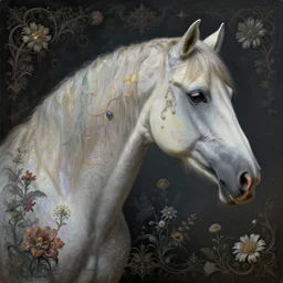 side portrait of the horse of iridescent descent, unusually uniquely beautiful animal, with flowers and plants, emotionally evoking symbolic metaphors, in focus, heavily gothic ornamental, intricate, elegant, highly detailed photorealistic digital painting, artstation, painterly, golden ratio, sharp focus, art by h. r. giger and ernst haeckel and android jones and james jean,