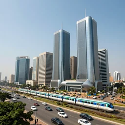 lagos nigeria with futuristic buildings cars and train city view