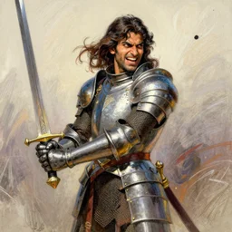 rahul kohli as a long - haired knight in armor, wielding a sword, by frank frazetta, pastel art, happy accidents, angry