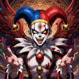 4 k headshot of godlike jester with cap'n'bells with defined arms and open hands and bloody clothes with giant mandala wings, intricate face, flawless anime cel animation by kentaro miura, psychedelic, highly detailed upper body, professionally post - processed, beautiful, scary, symmetry accurate features, epic, octane rendered, anime masterpiece, accurate
