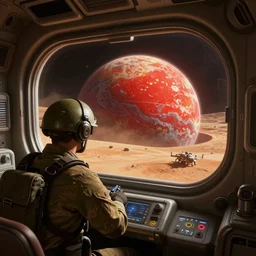 a soldier looks through a windshield towards a red desert planet, from inside a space station hq, detailed, sharp, in the style of the borderlands series, 8 k resolution, extreme long shot, overhead view, deep depth of field