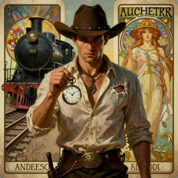 a dramatic moody symmetrical painting of a suspicious handsome suave cowboy holding a pocketwatch | his shirt is ripped open | background is a train locomotive railroad | tarot card, art deco, art nouveau, steampunk | by Alphonse Mucha,  by Mark Maggiori | trending on artstation