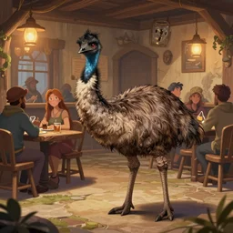 an emu in the middle of a crowded halfling tavern, fantasy rpg book illustration