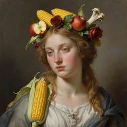 portrait of proserpina, realistic digital painting, with a crown made of corn, apples, roses, and bones. soft light