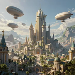 a epic fantasy city with airships, 4 k, extremely detailed. award winning, trending on artstation, 8 k, ultra wide angle