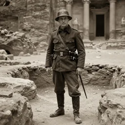 ultra detailed photorealistic sepia - toned photograph from 1 9 1 7, a british officer in field gear standing at an archaeological dig site at petra, ultra realistic, painted, intricate details, lovecraft, atmospheric, dark, horror, brooding, highly detailed, by angus mcbride