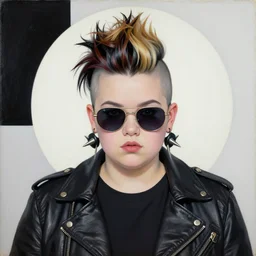 a chubby young goth girl an asymmetrical ombre mohawk wearing a leather jacket, spiked collar sunglasses, and a black tshirt. high key, anaglyph lighting, melancholic complex flat geometric minimalism by oskar schlemmer, moebius, john berkey, oil on canvas, portrait facial head, featured on artstation, hd wallpaper, anime art nouveau cosmic display