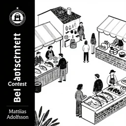 a black and white drawing of a fish market, a storybook illustration by mattias adolfsson, behance contest winner, modern european ink painting, matte drawing, storybook illustration, panoramic, minimalist, isometric
