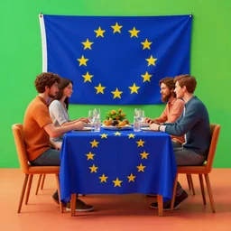 octane render, people sitting around a dinner table with the european flag draped over it, vibrant color scheme, 4 k