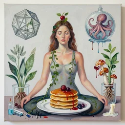 female art student self - portrait, yoga, pancakes, vines, smudged wet paint, berries, mythology, dodecahedron, sage and herbs, octopus, surgical supplies, mushrooms, plants with roots in scientific glassware, candle dripping white wax, berry juice drips, neoexpressionism, surrealism, acrylic and spray paint and oilstick on canvas