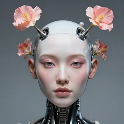 photorealistic cyborg face with flower antennas