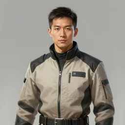 Portrait of a man by Greg Rutkowski, he is about 30 years old, mixture between russian and chinese, short black hair, attractive, smart looking, he is wearing a utilitarian beige and black jumpsuit, highly detailed portrait, scifi, digital painting, artstation, concept art, smooth, sharp foccus ilustration, Artstation HQ