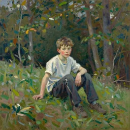 impressionistic painting of a boy sitting on a hill in the woods, painted by johfra bosschart, featured on artstation, plein air, artstation hd, painterly