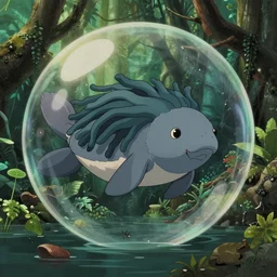 hyperrealist, dull colors, interior shot from howls moving castle 2 0 0 4 of a multi - colored manatee with dreadlocks floating in flooded jungle temple bubble.