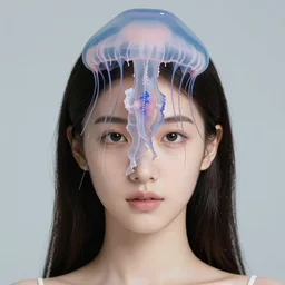 professional close - up wide portrait of a beautiful woman with a jellyfish on her head, dream symbolism, surreal, simon stalenhag, chie yoshii, casey weldon, martine johanna, tim walker, harper's bazaar art fashion magazine, id magazine, intricate, 8 k render in octane, sharp focus, award winning landscape photography
