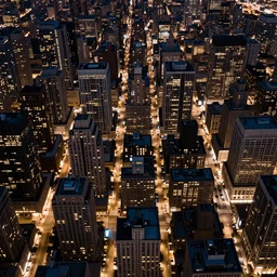 Birds eye view of an oppressive metropolis at night, sparse rectangular city grid with narrow streets, tall brutalist architecture buildings all with the same height, city lights spilling upwards above the top of the buildings, digital art,