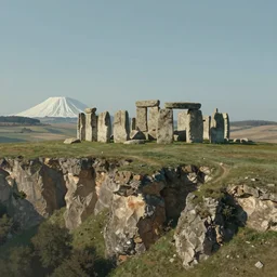 concept art by craig mullins : an italian landscape, in the distance a small mesa of white marble can be seen. a stone henge is standig atop of the cliff