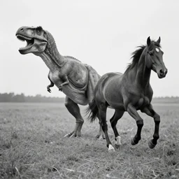 [ [ t rex ] ] and a horse with legs, movement, [ [ soft ] ], black and white photograph, 1 8 5 0 s