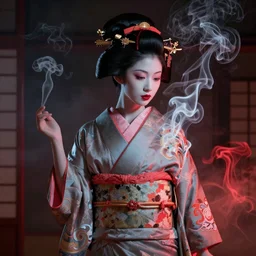 geisha dressed witha kimono of smoke, fluent composition, red and white neon, concept art, ambient light, 4 k, intricate details, highly professionally detailed, cgsociety, highly detailed -