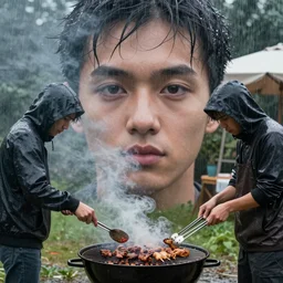 portrait of people doing bbq under heavy rain, ultra realistic face detailed eyes