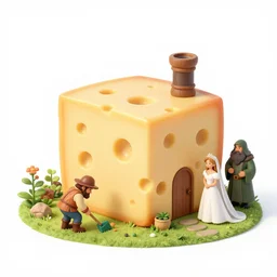 a house made of cheese with hobbits mowing the garden and sauron and gandalf married