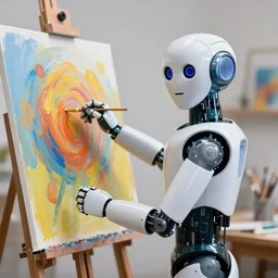 a robot painting a picture, it looks at the camera, paint everywhere
