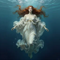 hyperdetailed underwater portrait of a goddess floating in a robe. by greg rutkowski, highly detailed, digital painting, artstation, smooth, sharp focus illustration, artstation hq. intricate, elegant. art by wlop and artgerm and greg rutkowski, alphonse mucha, medium shot. dan mumford, tomokazu matsuyama, takato yamamoto