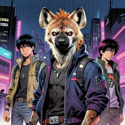 beautiful portrait commission of a male furry anthro hyena fursona wearing cyberpunk skater clothes. Cyberpunk city at night in the rain. Neon light. Atmospheric. Character design by charlie bowater, ross tran, artgerm, and makoto shinkai, detailed, inked, western comic book art