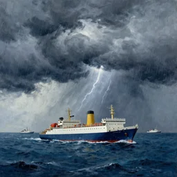ships at sea, storm, clouds, rain, thunder painted by leonid afremov