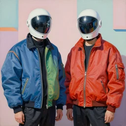 painting of two models in plastic space masks wearing baggy colorful 9 0 s jackets designed by rick owens in the style of frank frazetta. illustration. frank frazetta. pastel brutalist background.