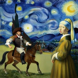 a mix between napoleon crossing the alps and the starry night and the milkmaid and the night watch, artstation, deviantart