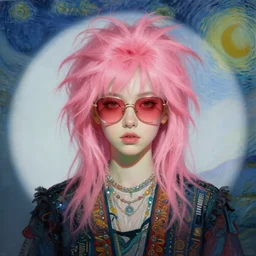 portrait of a beautiful girl, funky hair, shades of pink, beautiful face, rule of thirds, intricate outfit, spotlight, by greg rutkowski, by jeremy mann, by francoise nielly, by van gogh, digital painting