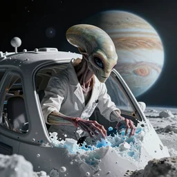 close - up of an alien scientist creature in his vehicle breaking through the moon europa ice layer for the first time, background of jupiter