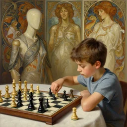 perfectly - drawing of kid playing chess with mannequin, intricate, highly detailed, digital painting, artstation, concept art, smooth, sharp focus, illustration, unreal engine 5, 8 k, art by artgerm and greg rutkowski and alphonse mucha