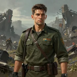 A comic book style portrait painting of a male ranger in a grim post apocalyptic setting, unreal 5, DAZ, hyperrealistic, octane render, RPG portrait, dynamic lighting
